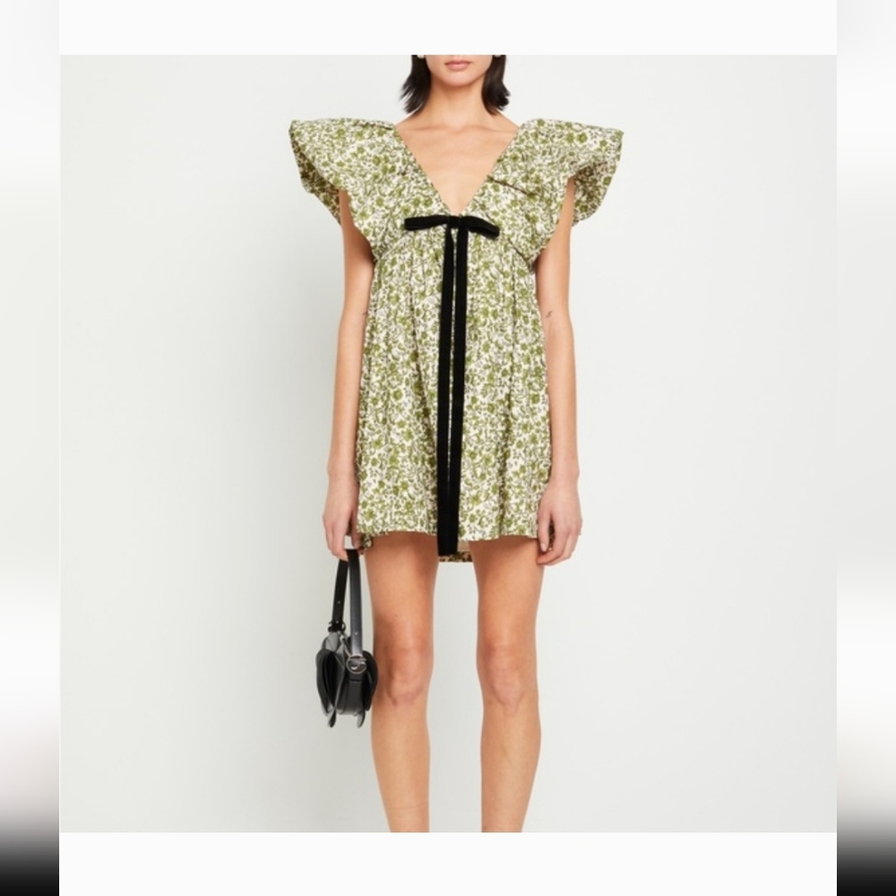 Green Floral Patterned Mini V Neck Puff Sleeve Babydoll Dress L - Picture 11 of 15